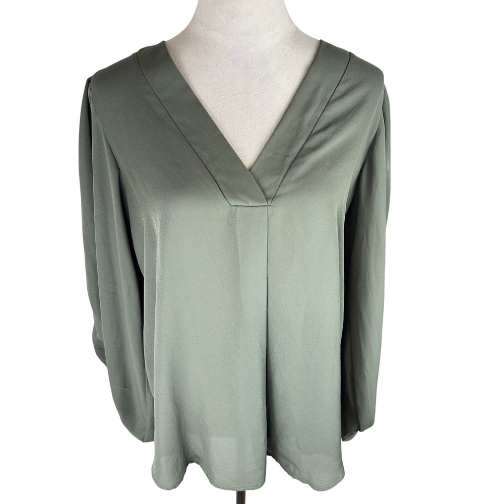 Adrienne Blouse Olive Green V-Neck Puff Sleeve Top Womens Medium